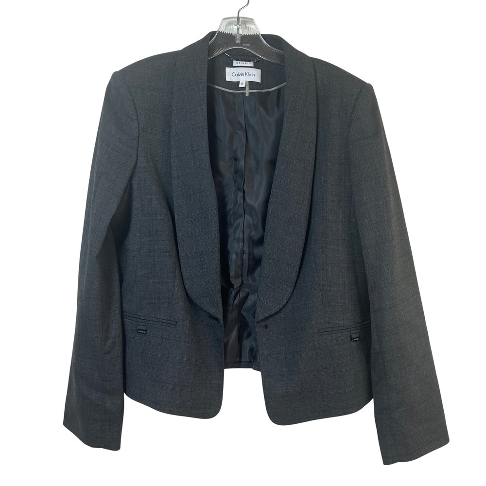 Calvin Klein Charcoal Grey Stretch Shawl Collar Open Front Blazer Size 14 Flaw